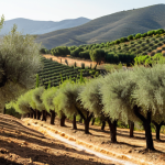 **Image Prompt:** Lush agroforestry system in Andalusia, Spain. Almond trees interspersed with olive groves and aromatic herbs. Golden sunlight highlights the diverse foliage. Bees buzzing around flowering herbs. Rolling hills in the background. Focus on soil health: rich, dark soil teeming with life. Capture the scene from a slightly elevated perspective, showcasing the landscape's integration.