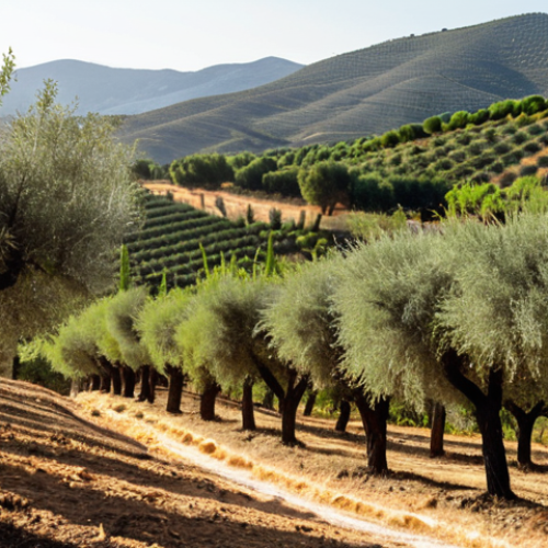Home 4 **Image Prompt:** Lush agroforestry system in Andalusia, Spain. Almond trees interspersed with olive groves and aromatic herbs. Golden sunlight highlights the diverse foliage. Bees buzzing around flowering herbs. Rolling hills in the background. Focus on soil health: rich, dark soil teeming with life. Capture the scene from a slightly elevated perspective, showcasing the landscape's integration.