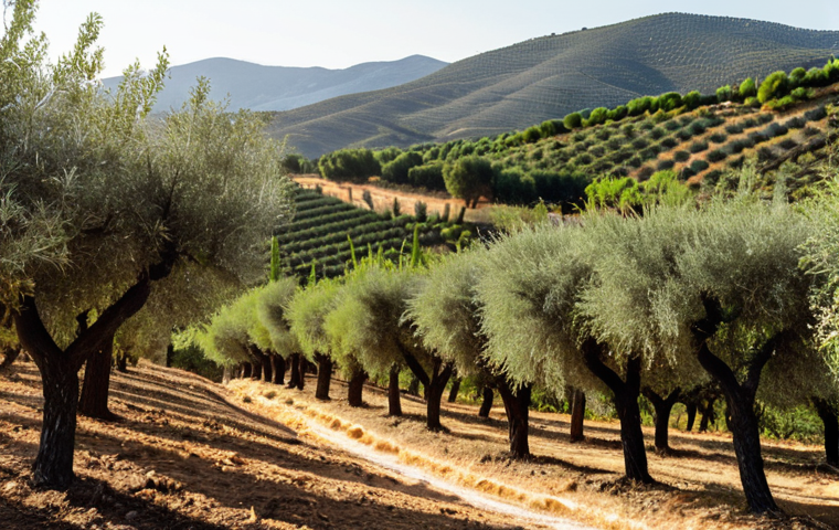 **Image Prompt:** Lush agroforestry system in Andalusia, Spain. Almond trees interspersed with olive groves and aromatic herbs. Golden sunlight highlights the diverse foliage. Bees buzzing around flowering herbs. Rolling hills in the background. Focus on soil health: rich, dark soil teeming with life. Capture the scene from a slightly elevated perspective, showcasing the landscape's integration.