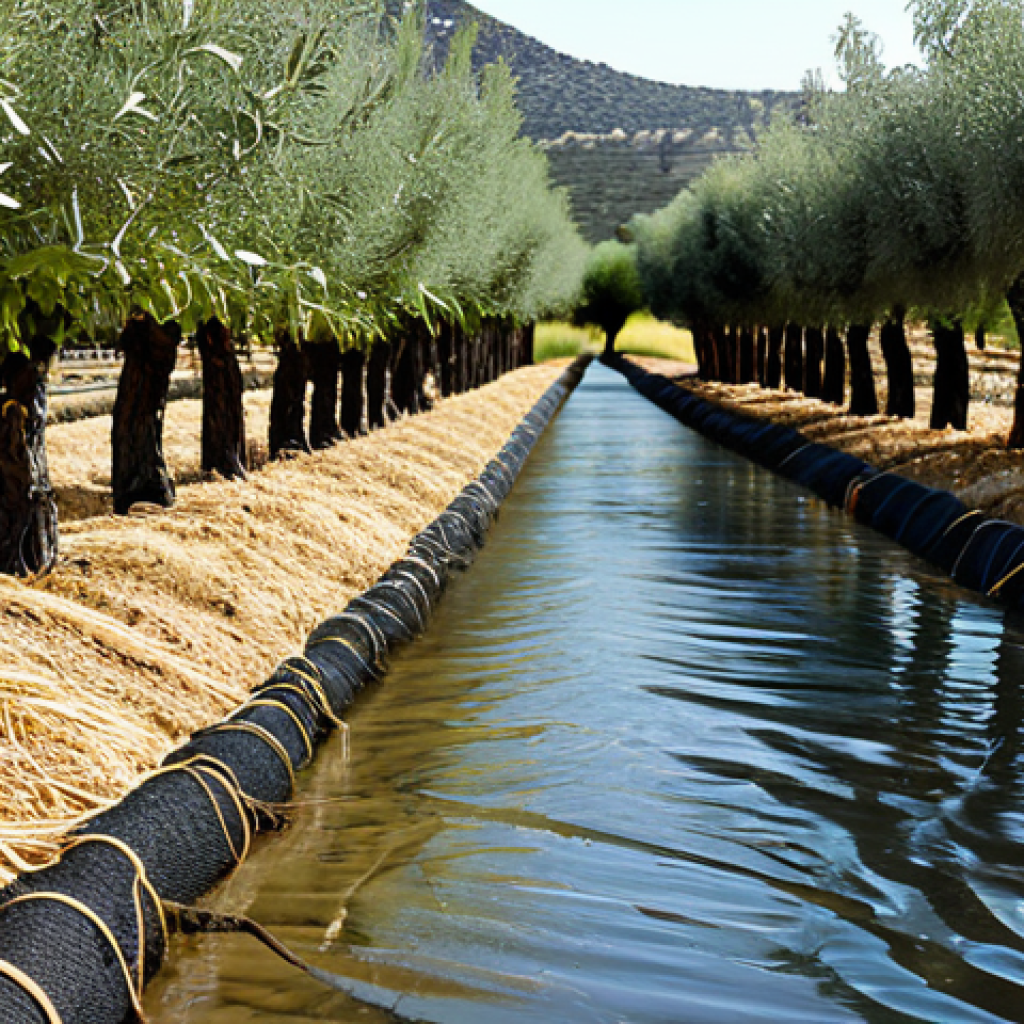 **
"A lush Mediterranean orchard in Spain, showcasing a rainwater harvesting system feeding drip irrigation lines. Olive trees and almond trees thrive alongside rows of vegetables covered in straw mulch. Focus on water conservation techniques, showcasing a sustainable and thriving agroforestry system. Sun-drenched, high detail, professional quality. Emphasis on the 'ahorro de agua' (water saving) concept, reflecting responsible water management."
**