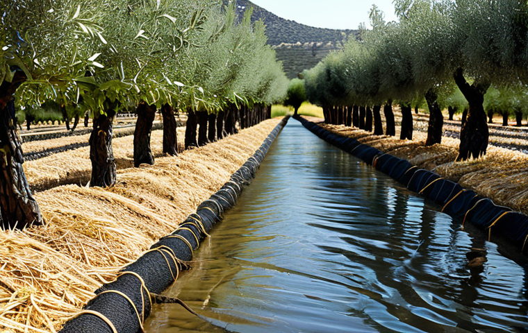**

"A lush Mediterranean orchard in Spain, showcasing a rainwater harvesting system feeding drip irrigation lines. Olive trees and almond trees thrive alongside rows of vegetables covered in straw mulch. Focus on water conservation techniques, showcasing a sustainable and thriving agroforestry system.  Sun-drenched, high detail, professional quality.  Emphasis on the 'ahorro de agua' (water saving) concept, reflecting responsible water management."

**