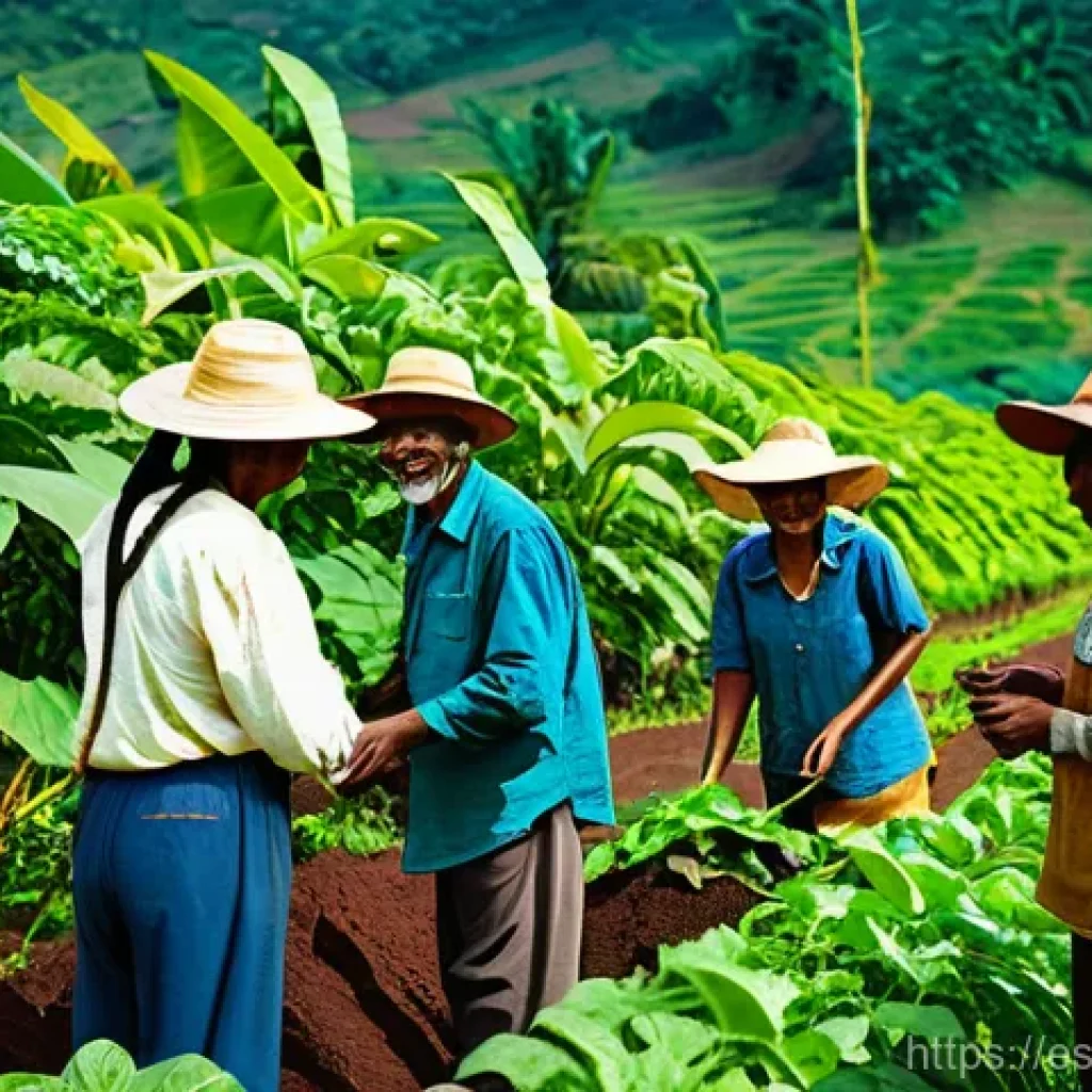 산림농업 시스템의 수출 기회 및 전략 - **Prompt:** A vibrant, sun-drenched agroforestry landscape showcasing a diverse array of crops (coff...