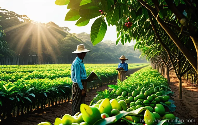 산림농업 시스템의 수확 및 가공 방법 - **Prompt:** A vibrant, sun-drenched agroforestry farm at dawn, depicting a harmonious blend of natur...