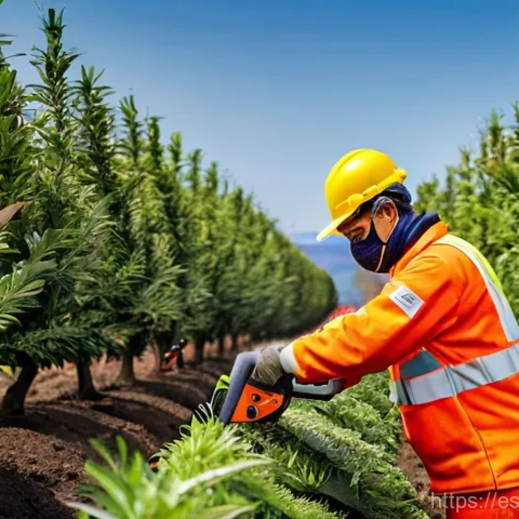 산림농업 시스템에서의 안전 관리 기술 - **Prompt:** A diverse group of agroforestry workers, both men and women, are diligently performing t...