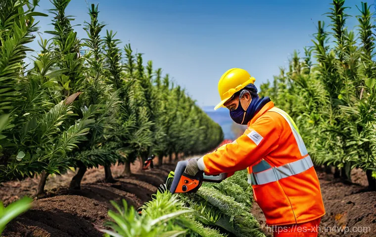 산림농업 시스템에서의 안전 관리 기술 - **Prompt:** A diverse group of agroforestry workers, both men and women, are diligently performing t...