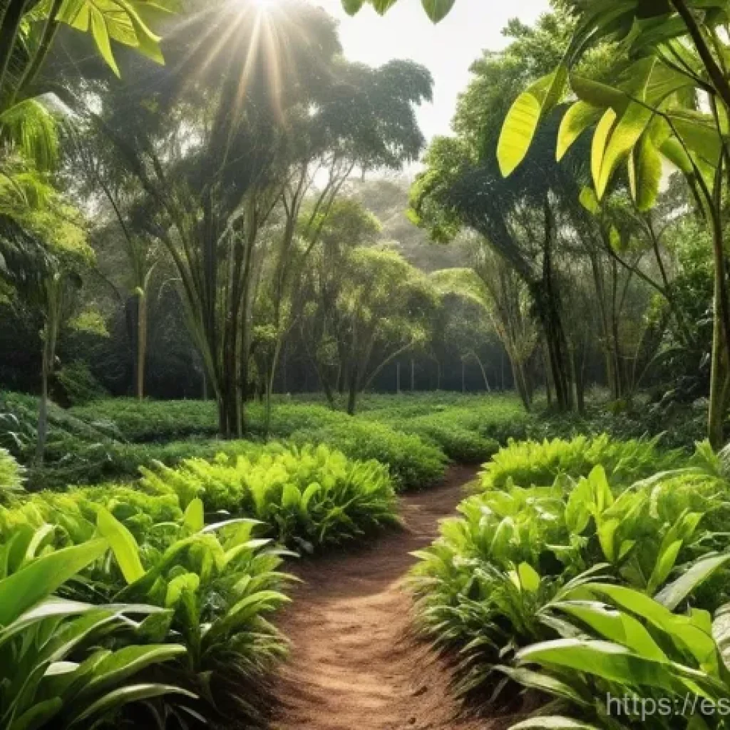 산림농업 시스템의 통합 관리 접근법 - **"Integrated Agroforest Harmony"**: A vibrant and lush agroforestry landscape, showcasing a harmoni...