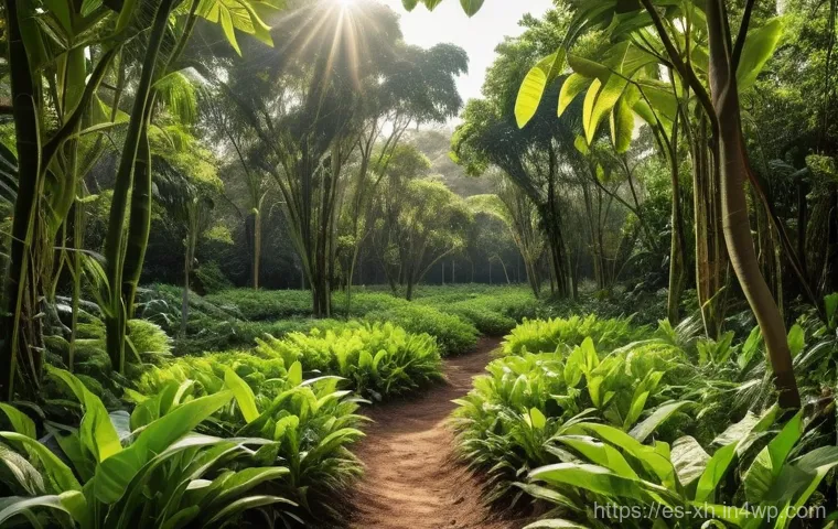 산림농업 시스템의 통합 관리 접근법 - **"Integrated Agroforest Harmony"**: A vibrant and lush agroforestry landscape, showcasing a harmoni...