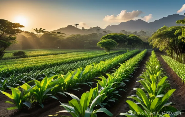 산림농업 시스템과 전통 지식의 조화 - **"A breathtaking, panoramic view of a vibrant Latin American agroforestry farm at dawn. Indigenous ...