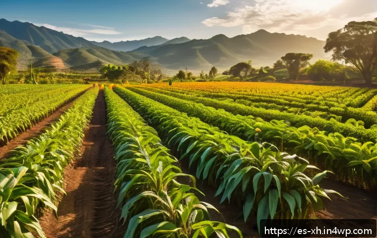 산림농업 시스템의 농업생태학적 원리 - A vibrant agroforestry farm in a Latin American rural setting during golden hour, showcasing rows of...