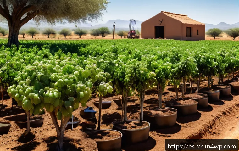 산림농업 시스템의 관개 기술 및 방법 - A modern agroforestry farm in a semi-arid region of Mexico featuring advanced irrigation technology:...
